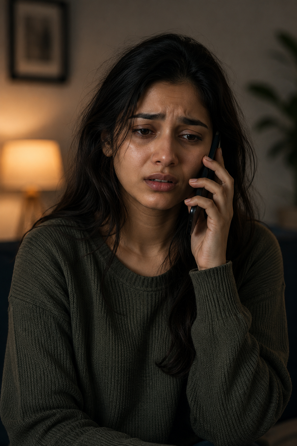 Young woman feeling emotionally distressed while talking on phone and seeking mental wellness support