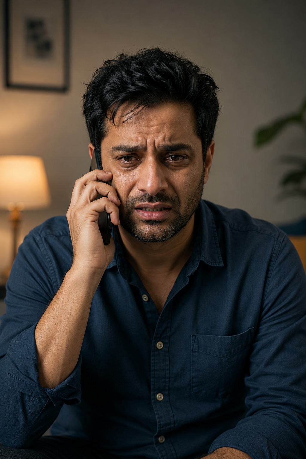 Distressed man talking on phone while seeking emotional healing and mental wellness support