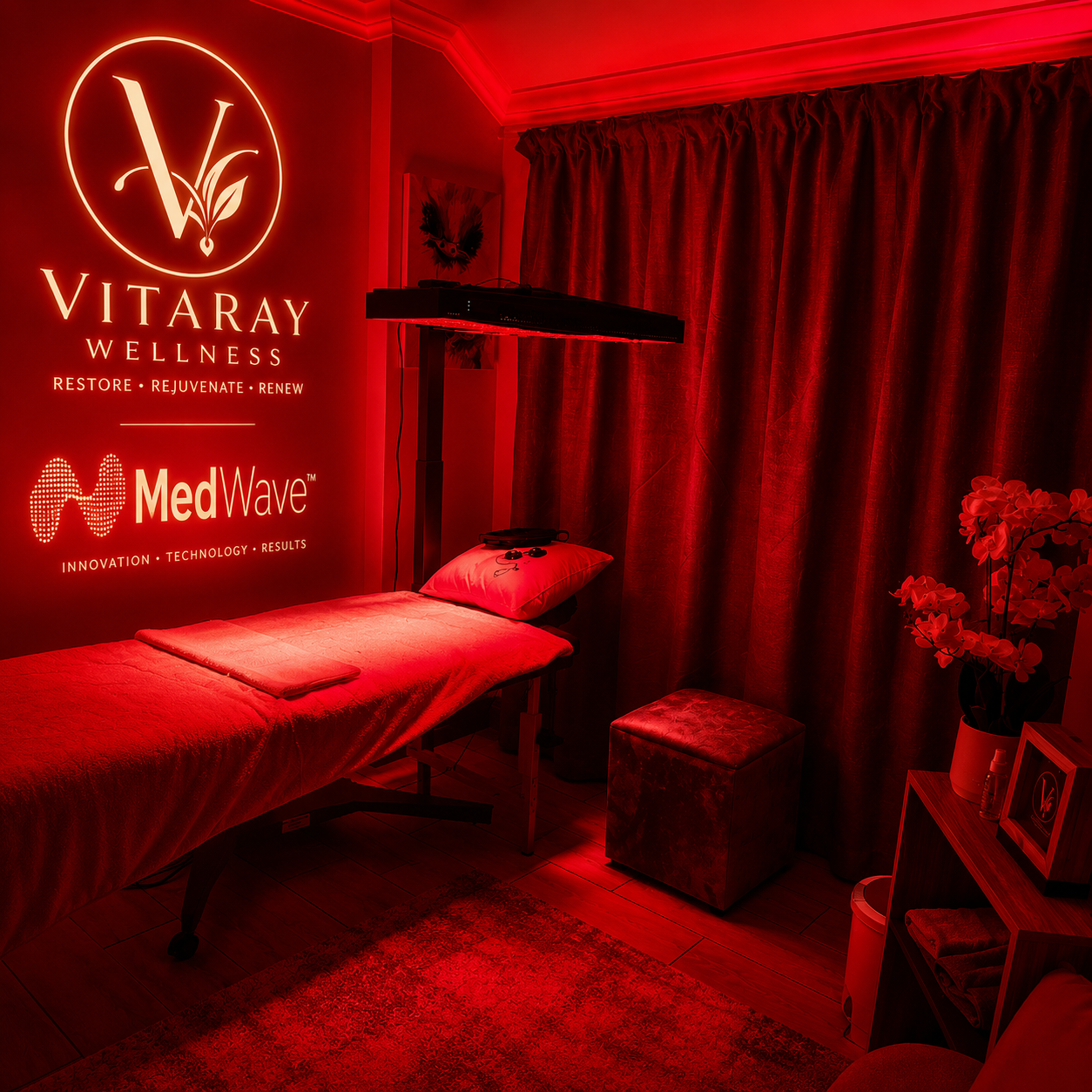 Red-lit wellness room with massage table, red curtains, potted plant, framed photo, and illuminated signs for Vitaray Wellness and MedWave.