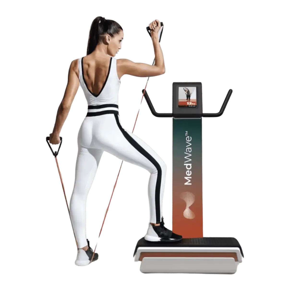 A woman using a MedWave vibration platform machine for exercise, holding handles and wearing athletic clothing.