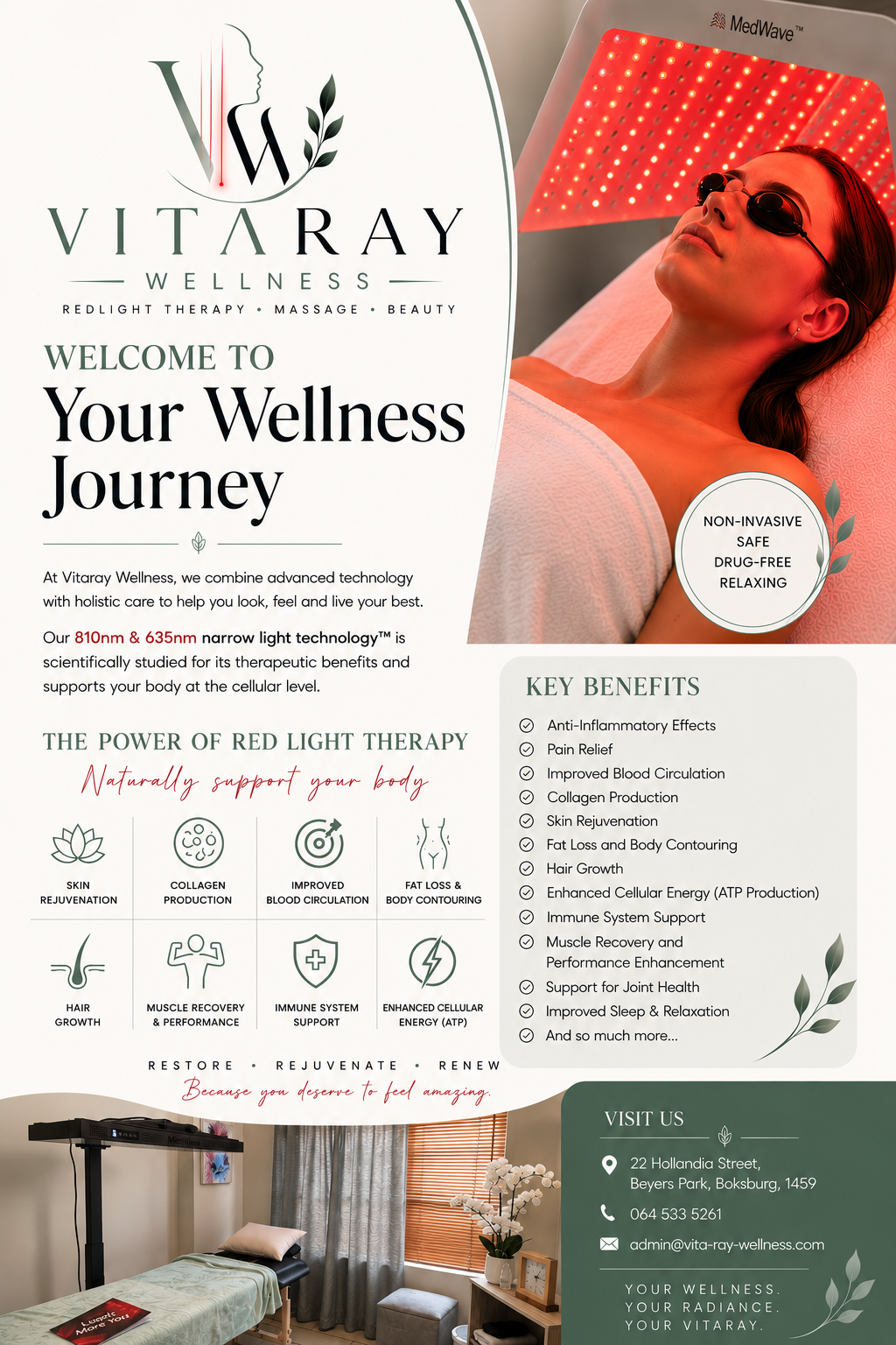 Poster for Vitaray Wellness featuring a woman receiving red light therapy, with information about therapy benefits, a reception area, and contact details.