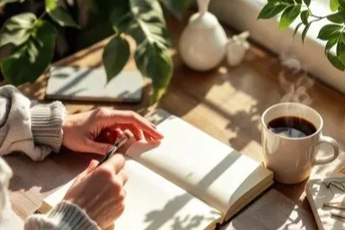 Person writing in a notebook with a cup of coffee nearby on a wooden table, surrounded by plants and sunlight.