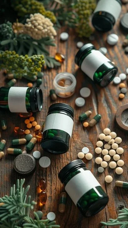 Multiple opened and unopened supplement bottles with various pills and capsules scattered on a wooden surface, accompanied by green plants and flowers.