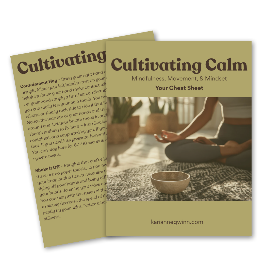 Brochure titled "Cultivating Calm" featuring a person meditating indoors with a bowl on a rug, and a second page with mindfulness tips.