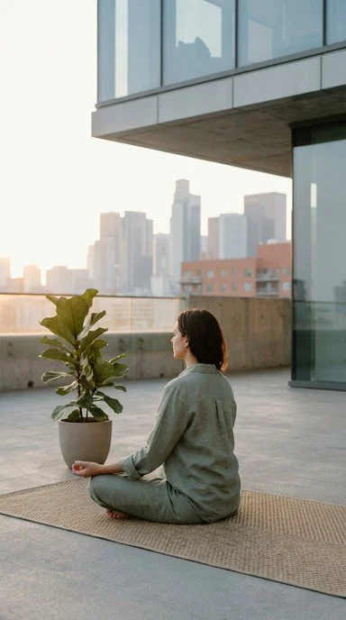 A woman practicing yoga or meditation on a mat outdoors on a balcony or terrace with a city skyline in the background during sunset.