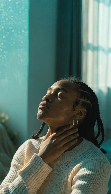A woman with braids and hoop earrings in a beige sweater, sitting with her eyes closed and hand near her neck, bathed in natural light from a window.