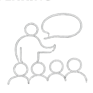 A simple line drawing of a person standing on a platform, speaking to a group of four people seated in front, with a speech bubble indicating communication.