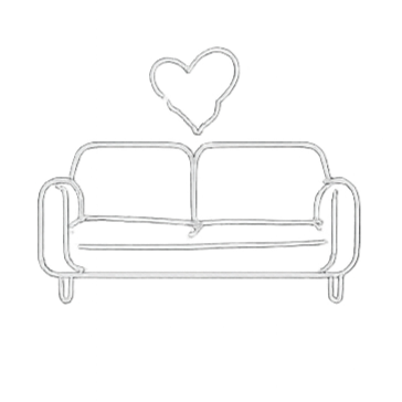 A neon light sign of a sofa with a heart above it.