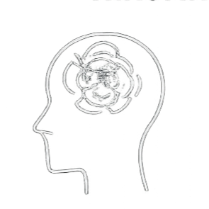 Line drawing of a human head outline with a brain depicted as a tangled, scribbled line inside.