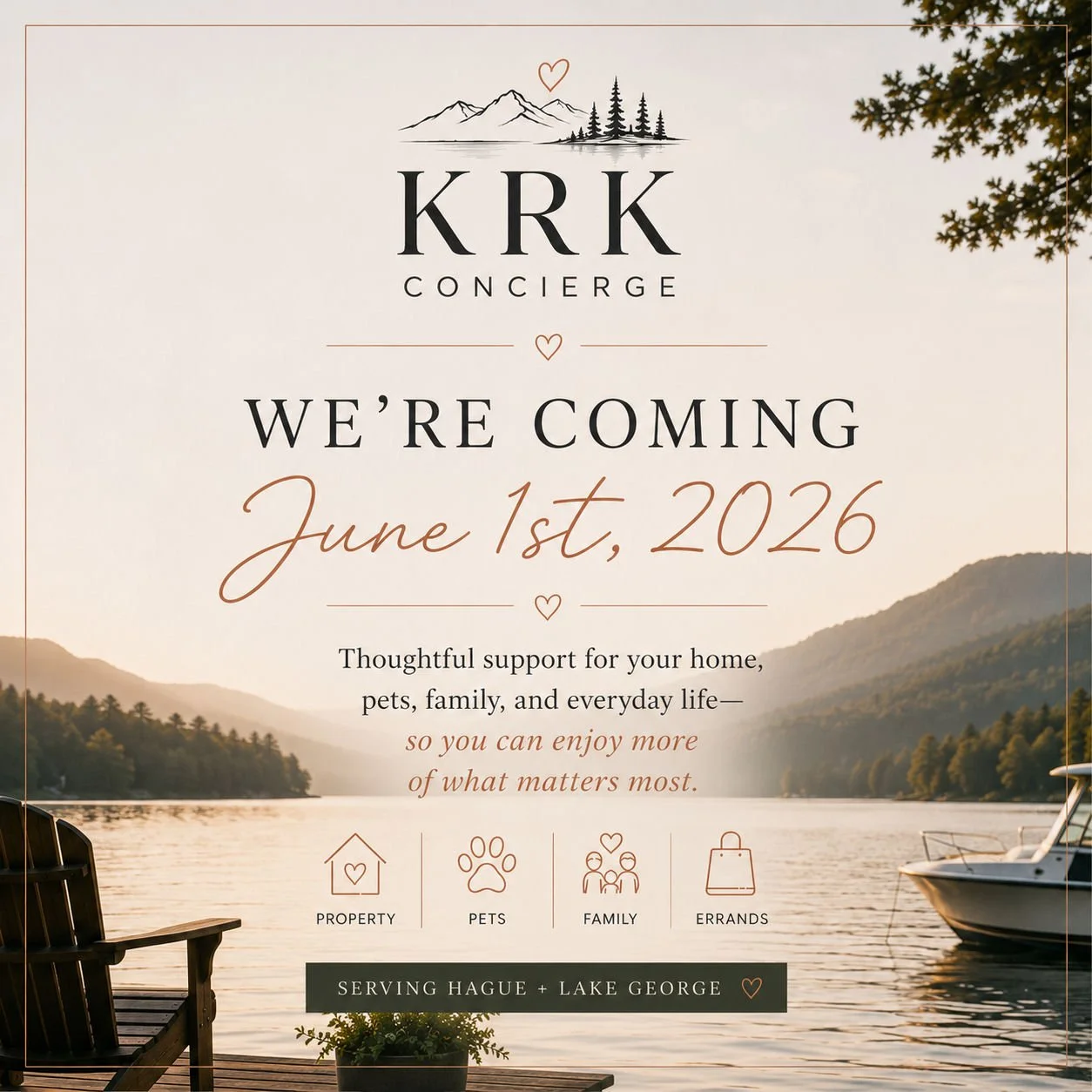 A scenic lakeside view with mountains, trees, and a boat, serving as a backdrop for an announcement about the upcoming opening of KRK Concierge on June 1st, 2026, emphasizing support for home, pets, family, and daily life.