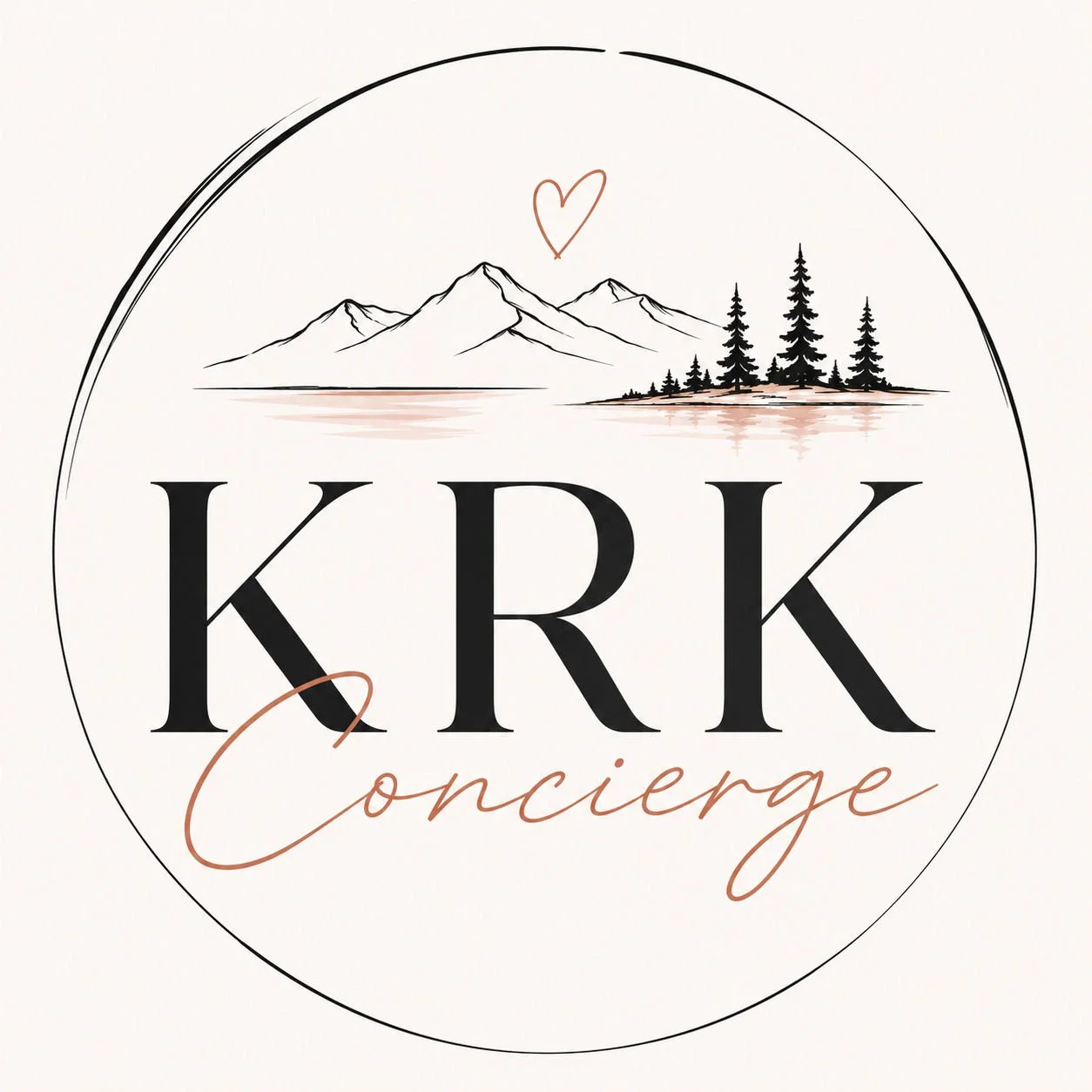 Logo with mountains, trees, and water, with the text 'KRK Concierge' in black and cursive brown font.