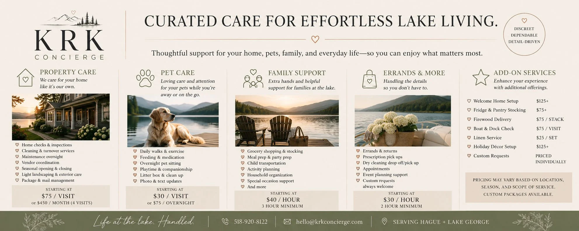A flyer for KRK Concierge offering lakeside property and pet care services. It features images of a house, a dog, a lakeside scene with chairs, and a boat with flowers. Services include property checks, cleaning, pet sitting, family support, errands, and add-on options with pricing details.