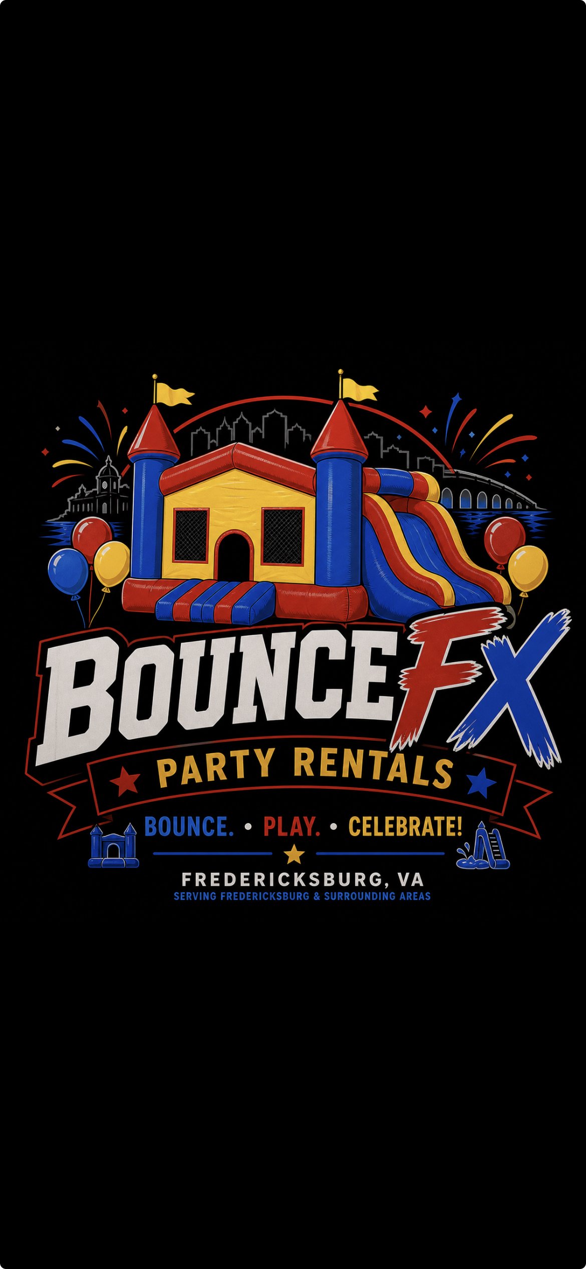 Colorful inflatable bounce house with slides and towers, balloons surrounding it, with fireworks and city skyline in the background, advertising Bounce FX party rentals in Fredericksburg, VA.