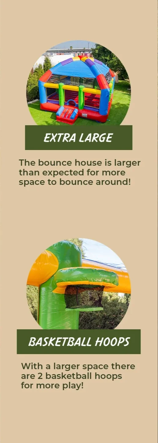 Inflatable bounce house and basketball hoop bounce house in an outdoor yard.