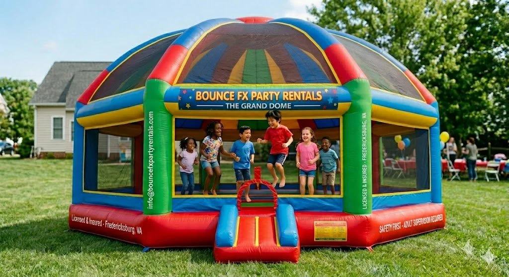 Children playing inside a colorful bounce house at an outdoor event, with a house and trees in the background.