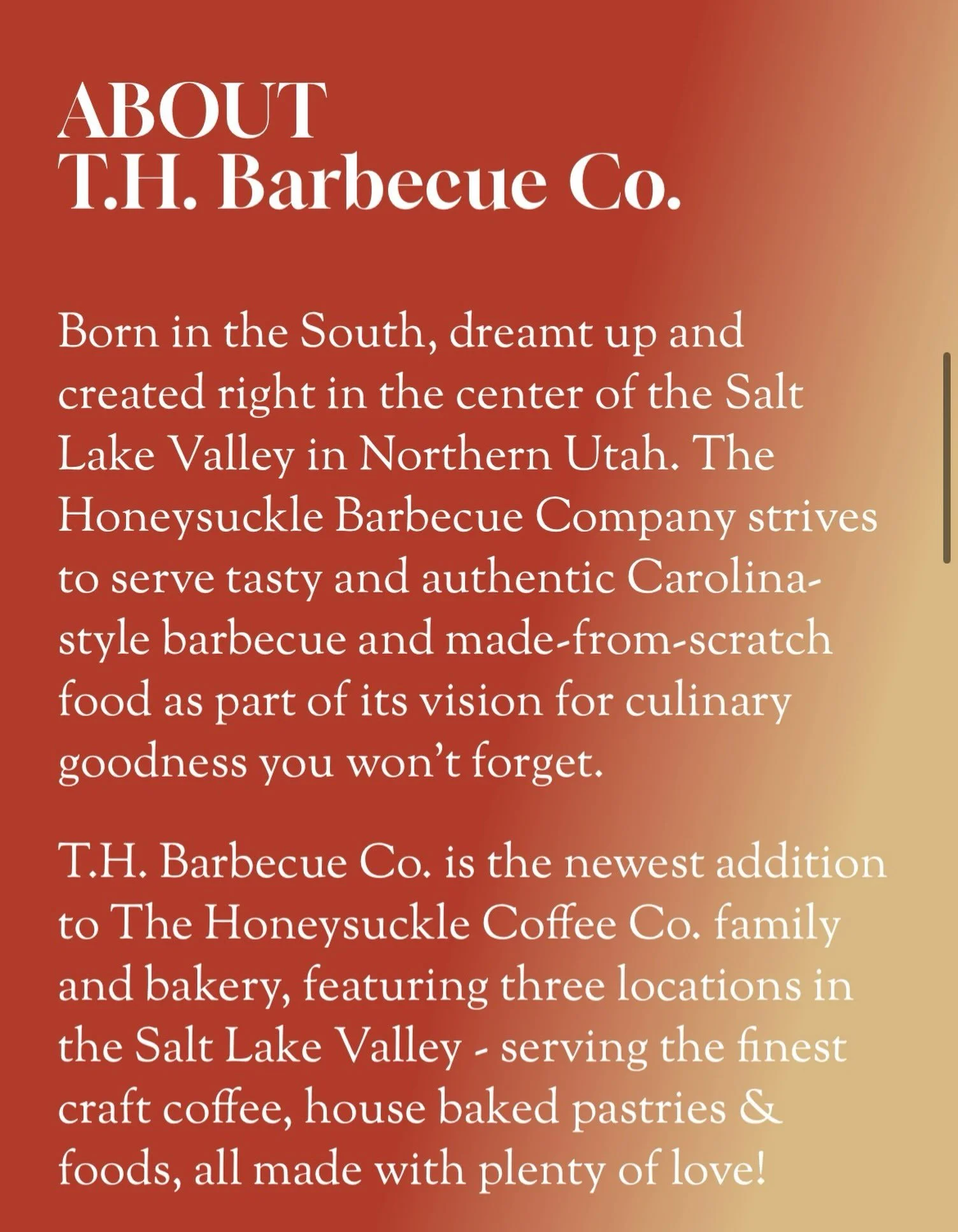 Meet T.H. Barbecue Co. 🔥
Born in the South, brought to the Salt Lake Valley, and made with a whole lot of heart. We&rsquo;re serving up Carolina-style barbecue, scratch-made sides, and the kind of food that brings people together.

We&rsquo;re so ex