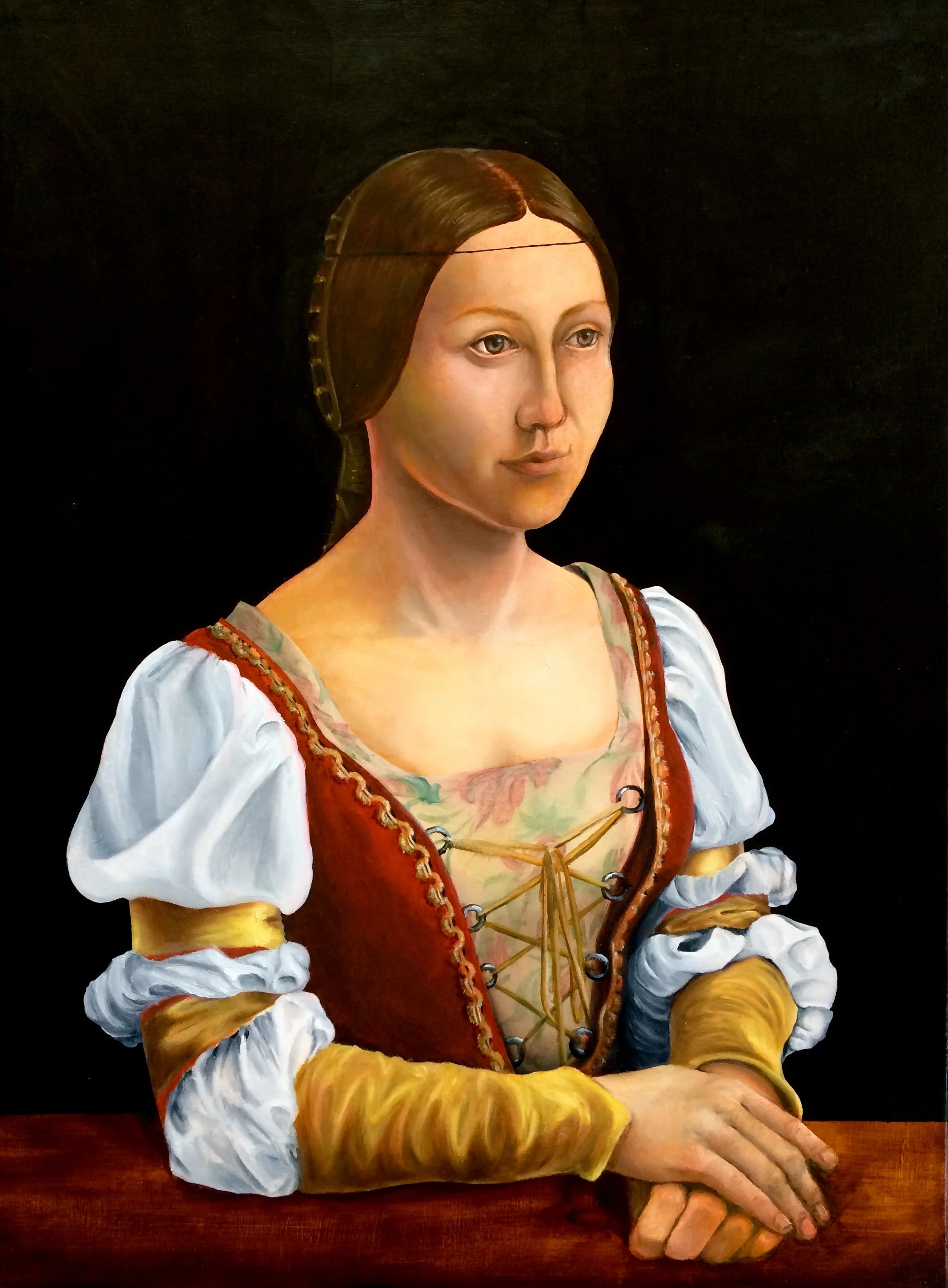 Painting of a woman with braided hair, wearing traditional costume with white sleeves, a red bodice, and a colorful bodice, sitting with hands resting on a table against a dark background.