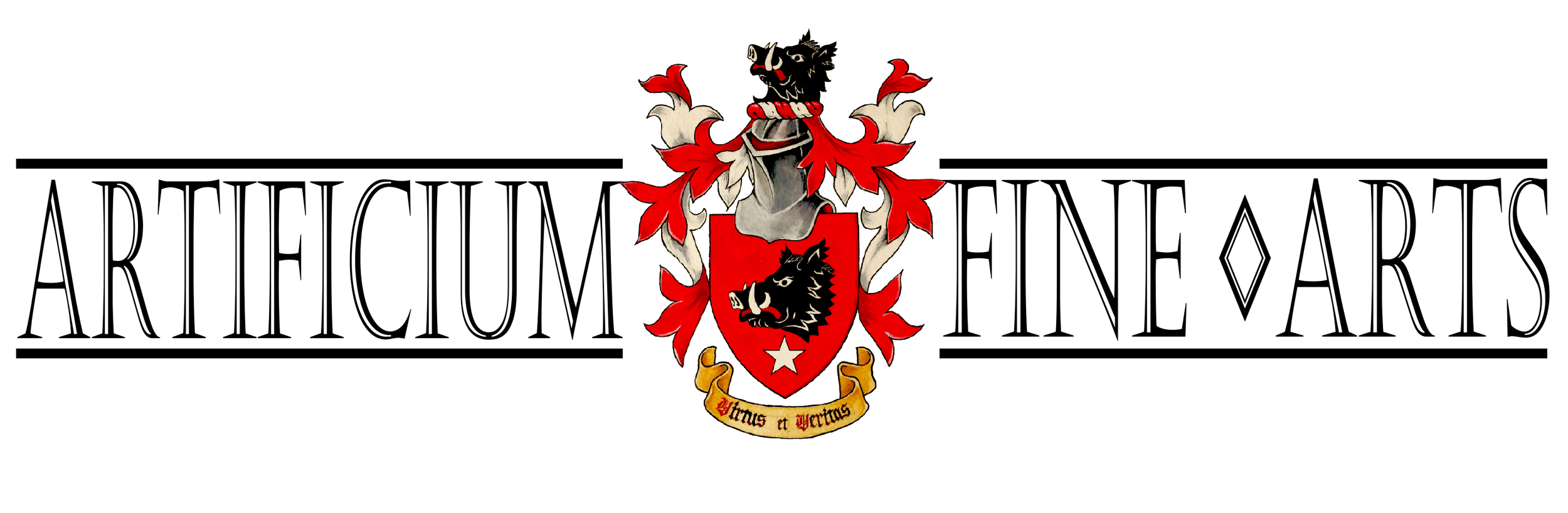 Logo with a heraldic crest and the words "Artium Feneans" in stylized black font.