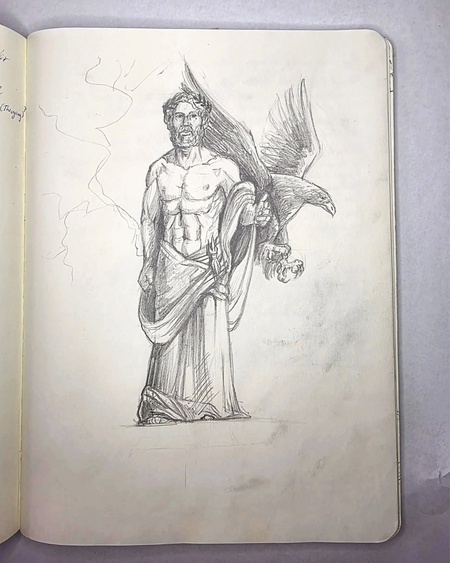 ZEUS, King of Olympus.
Leader of the Gods. The God of thunder and ruler over the skies. Accompanied by an eagle and sometimes denoted with a Z for Zeus . Son of the Titans Cronos & Rhea.  
-	Centre of composition
-	Making eyecontact with Typhoon
-	Wi