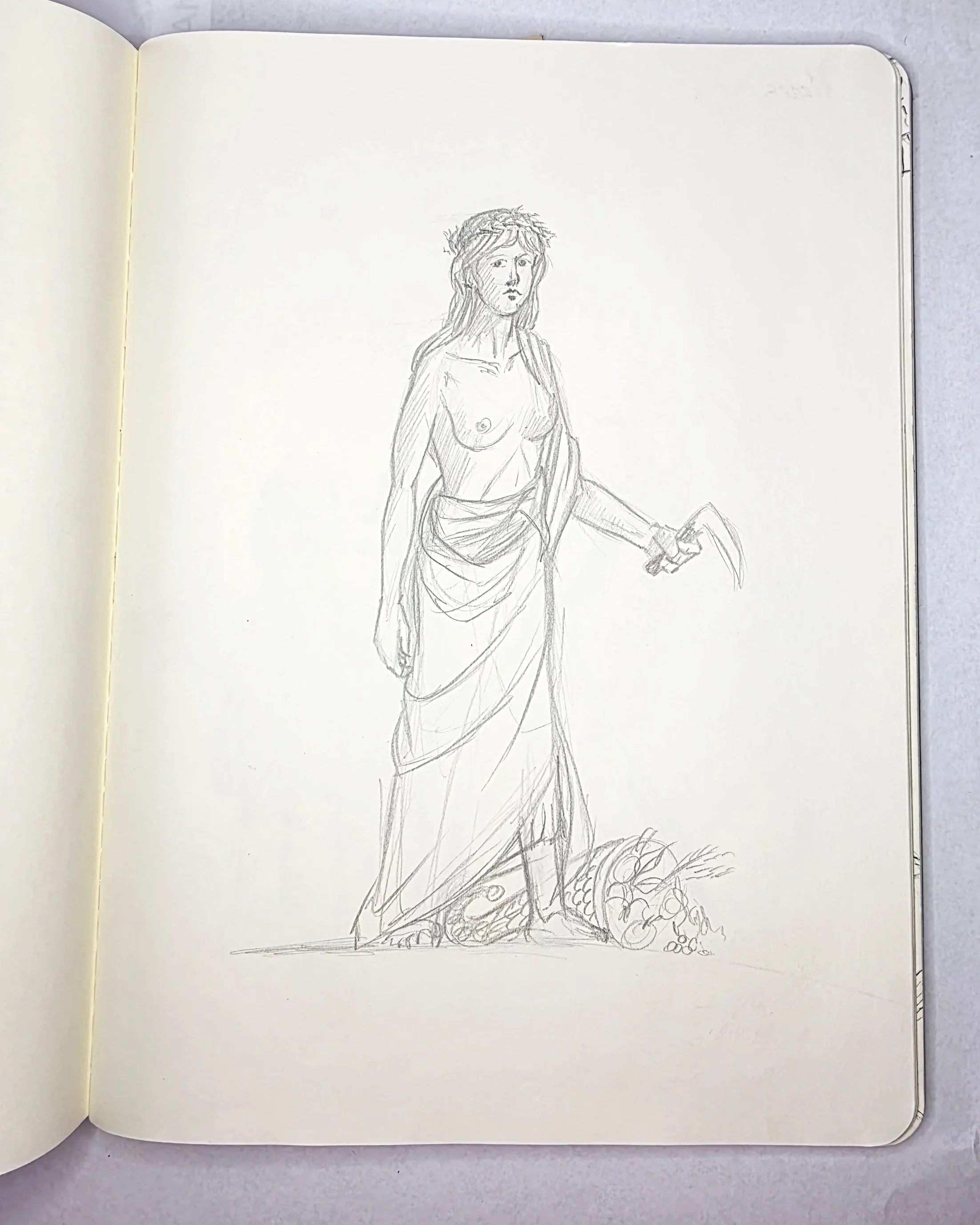 DEMETER, National Roman museum: Demeter statue
-	Naked breasted
-	Green and yellow clothes
-	Crown of grains
-	Cornucopia at the feet
-	Sickle in hand as weapon
