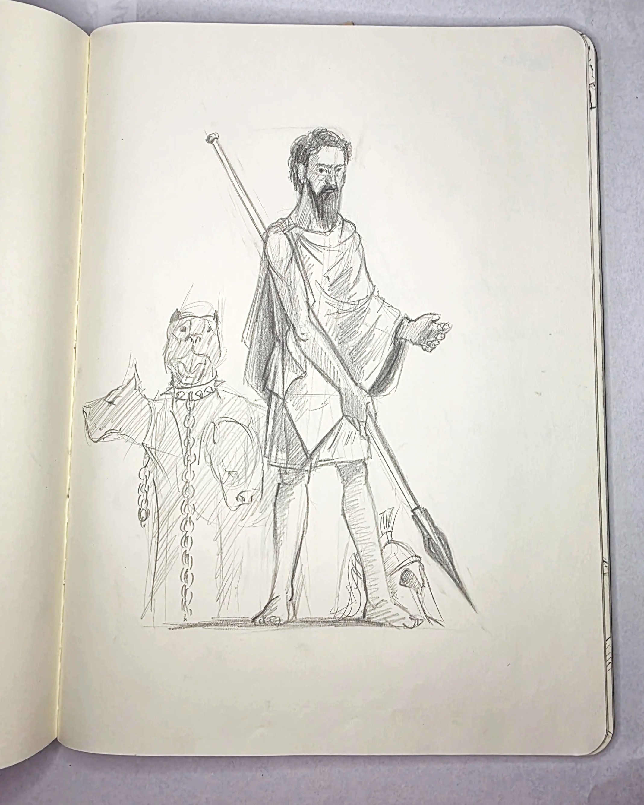 HADES, 
-	Black / dark blue robes
-	Bronze spear
-	Kerberos   Cane Corso = Wolf dog  American pitbull – Terrier - Doberman
-	Grey / black / white chest
-	Black hair 
-	Black band on head
