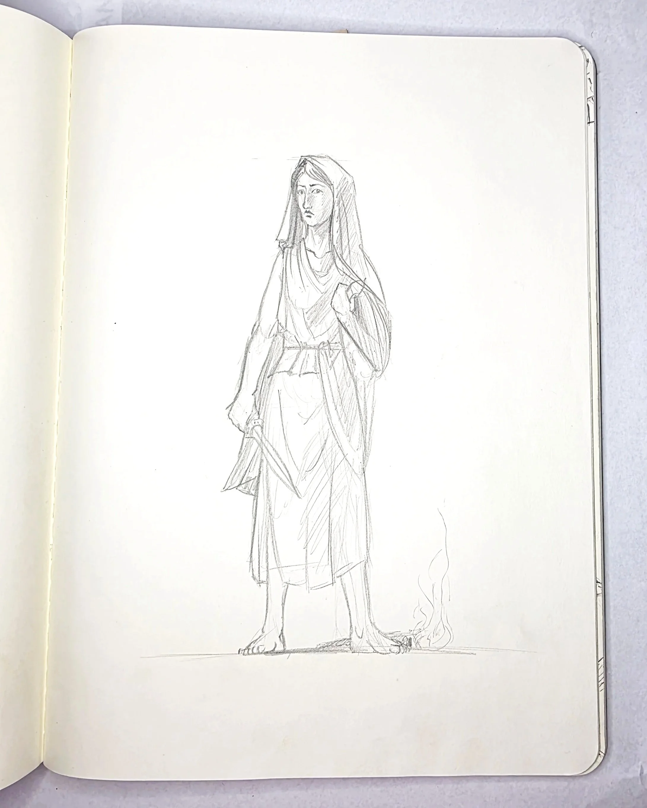 HESTIA, 
-	Oker red Velato & brown / red/ yellow clothes
-	Bronze sacrificial knife as a weapon
-	Torch with fire? At the feet?

