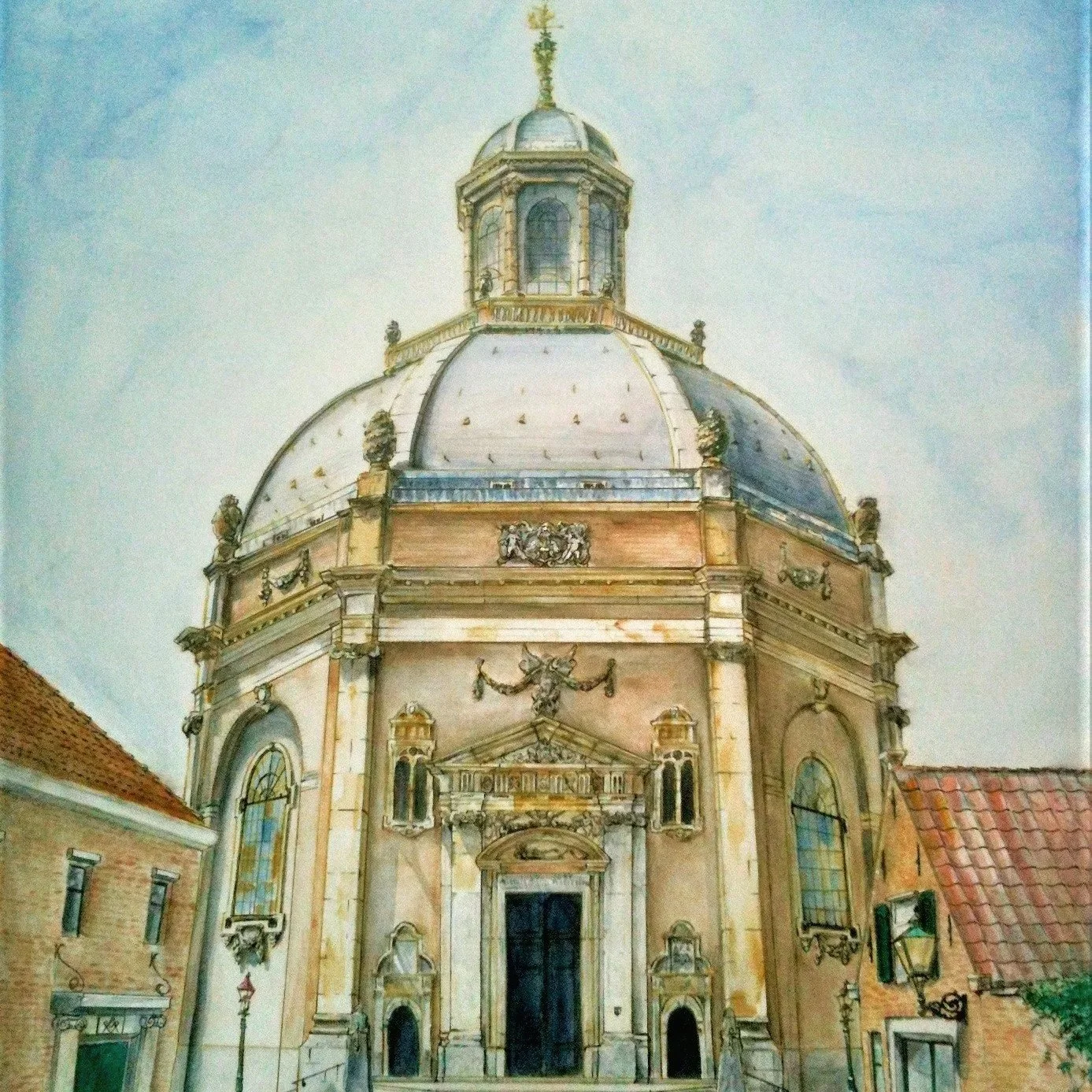 Painting of a historic church with a large domed roof, ornate decorations, arched windows, and a prominent doorway, with red-tiled roofs and cobblestone street in front.