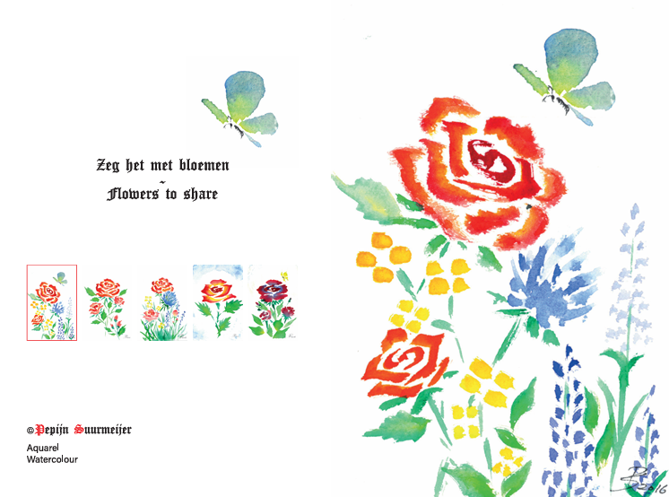 Watercolor painting of colorful flowers with green leaves, accompanied by a butterfly, and a quote about sharing flowers, with small version thumbnails below.