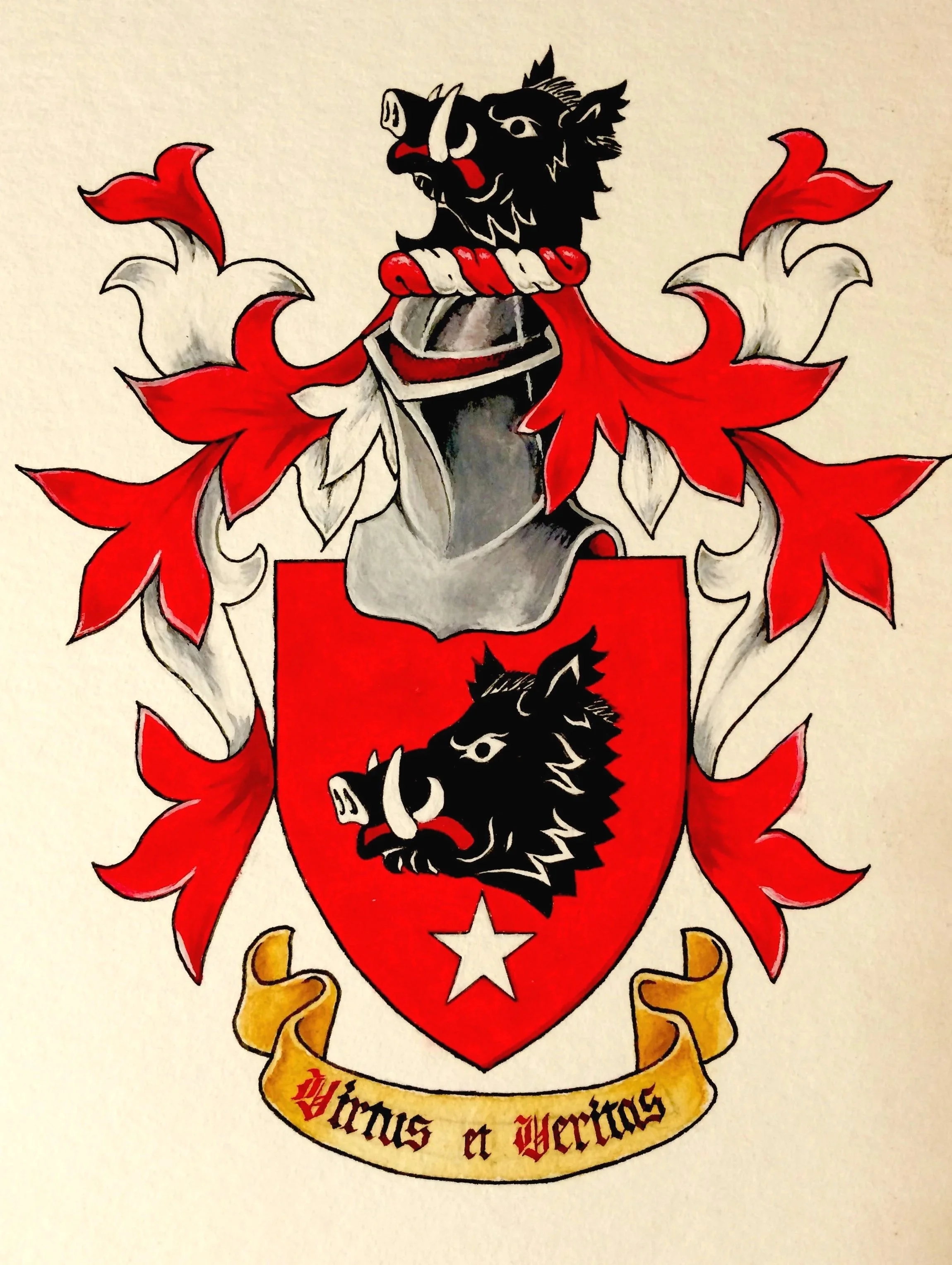 A heraldic coat of arms featuring a black boar's head with a red tongue and white tusks on a red shield, surrounded by red and white decorative elements, with a gold scroll beneath with the Latin phrase 'Vimque & Veritas'.