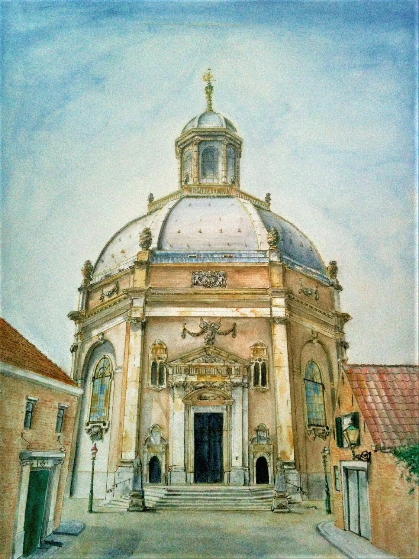 Painting of an ornate baroque-style church with a large dome and a lantern on top, adorned with decorative sculptures and a crest above the entrance, situated in a small courtyard with cobblestone ground and surrounding buildings.