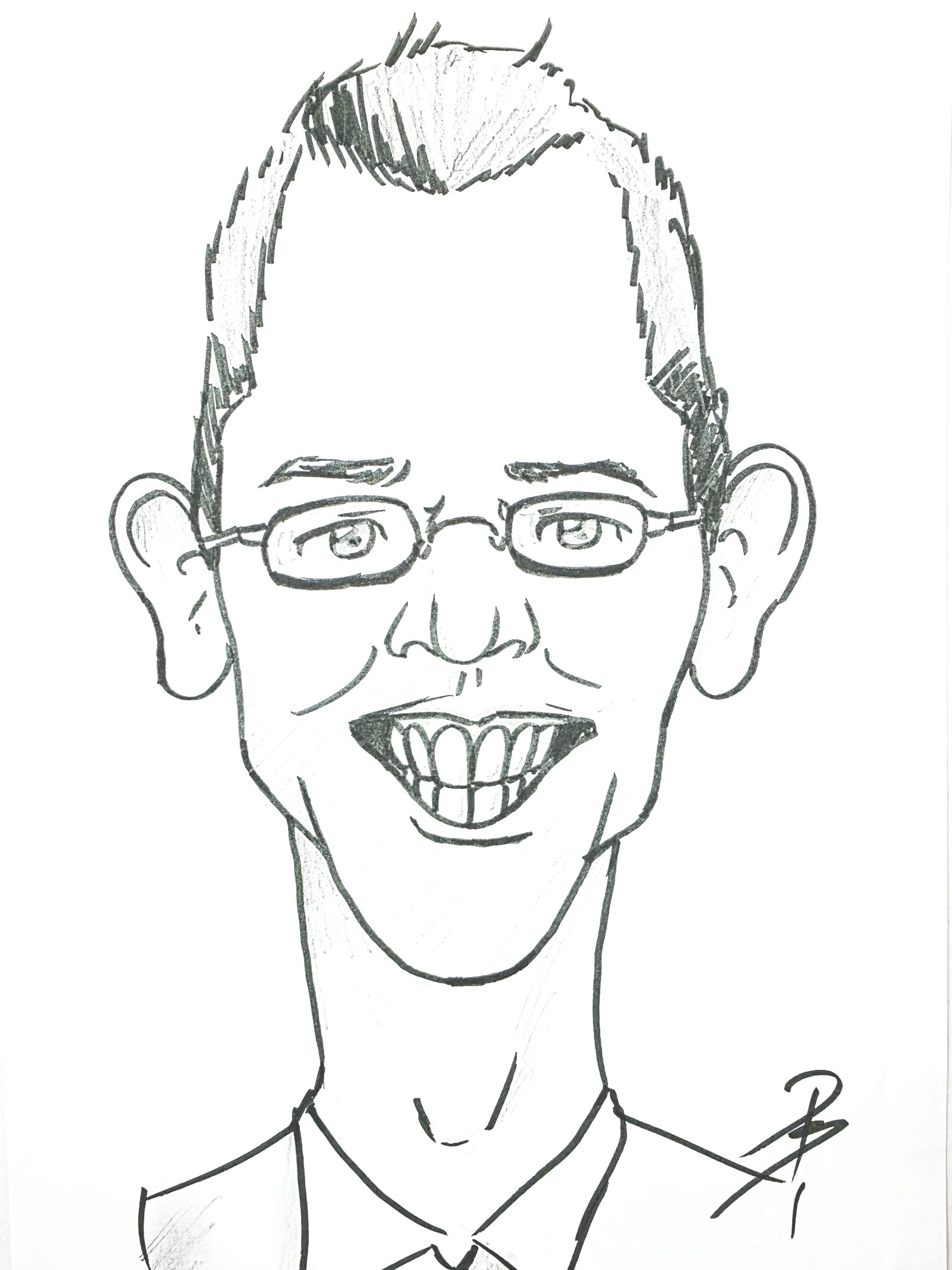 Line drawing of a person with glasses smiling, short hair, and wearing a collared shirt.