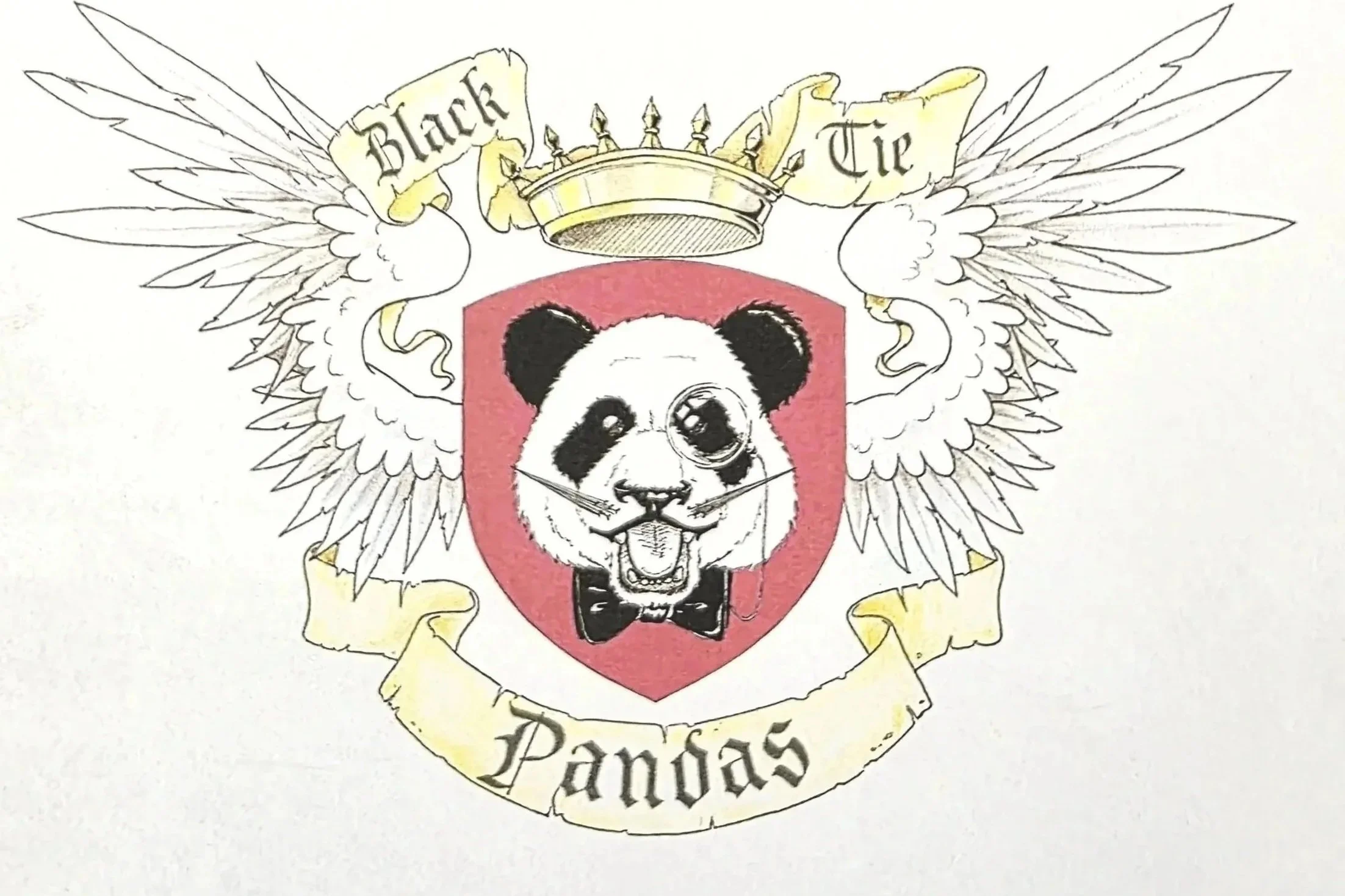 A emblem featuring a panda head with a tuxedo bow tie, set inside a red shield. Above is a crown with spikes, and on either side are white wings. A yellow ribbon banner with black edges wraps around the crown and wings, with the words 'Black Tie' inscribed on it. Below the shield, the word 'Pandas' is written in black, decorative lettering.