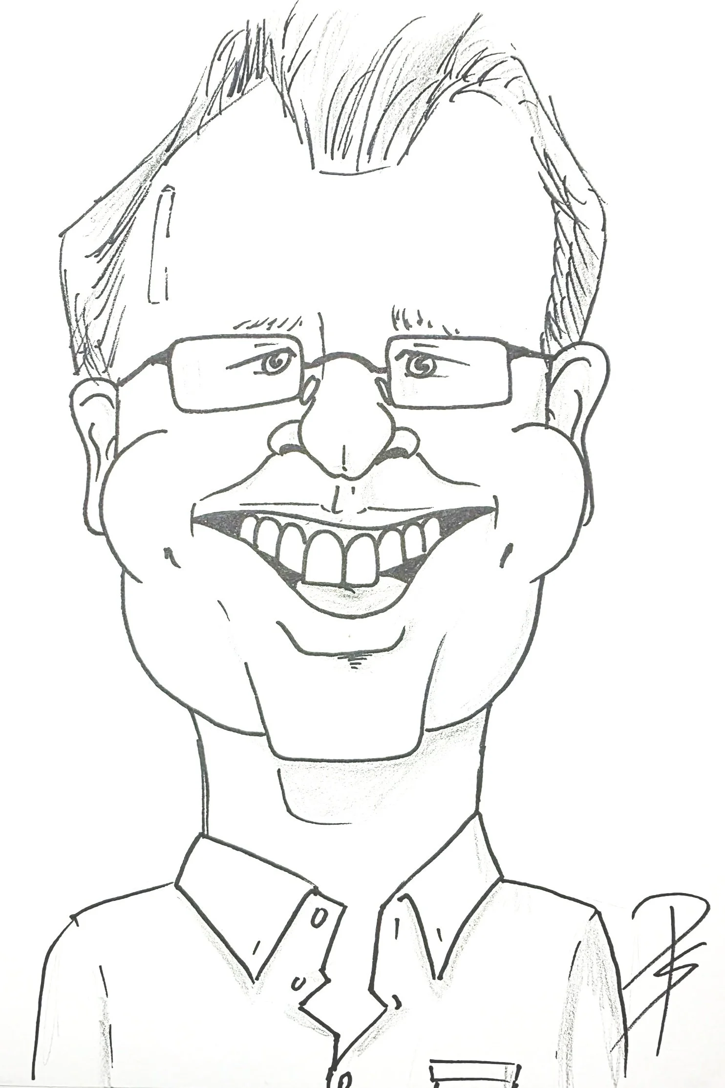 A black and white sketch of a person with glasses, smiling, wearing a collared shirt