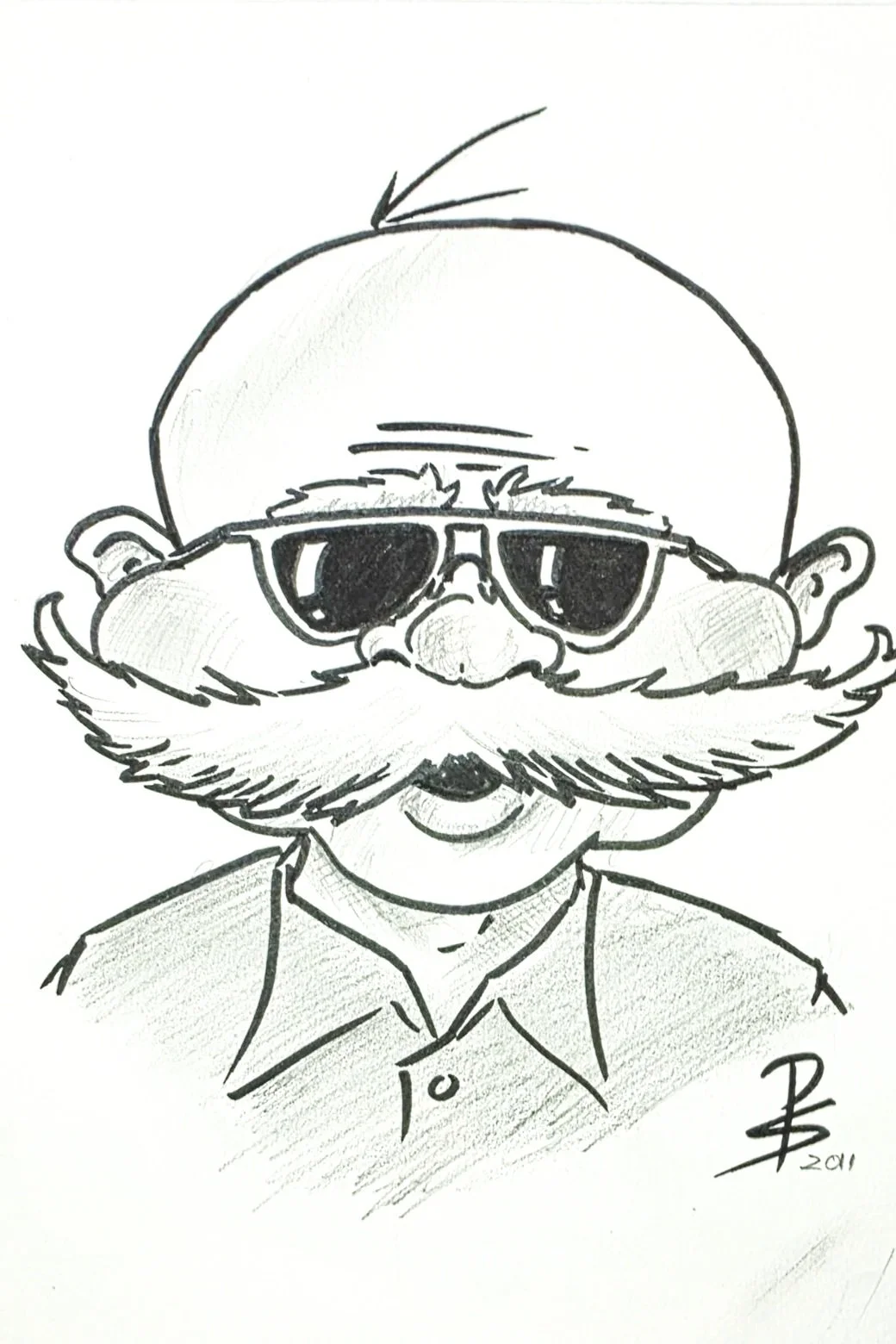 A black and white sketch of a man with a mustache and beard, wearing sunglasses and a collared shirt.