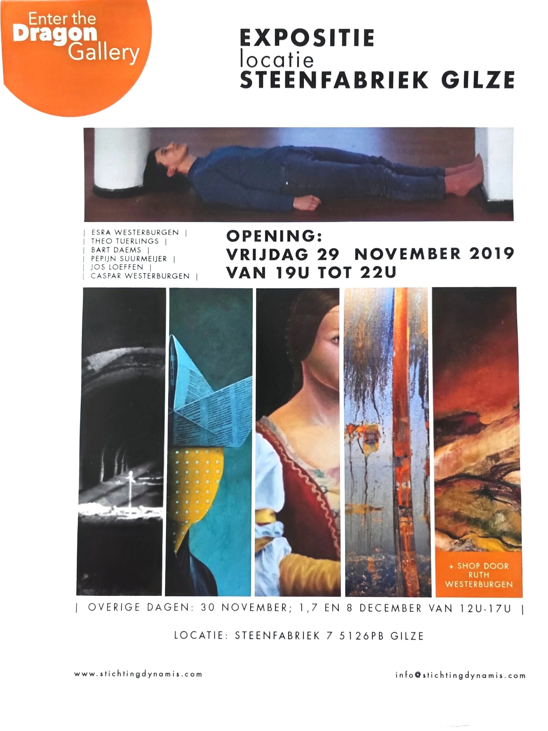 An art exhibition flyer announces the event at Steenfabriek Gilze, Netherlands, opening on November 29, 2019, from 7 PM to 10 PM. The flyer features various artwork images, including a black and white tunnel scene, a woman with yellow polka dots, and abstract paintings, with additional information about participating artists and contact details.