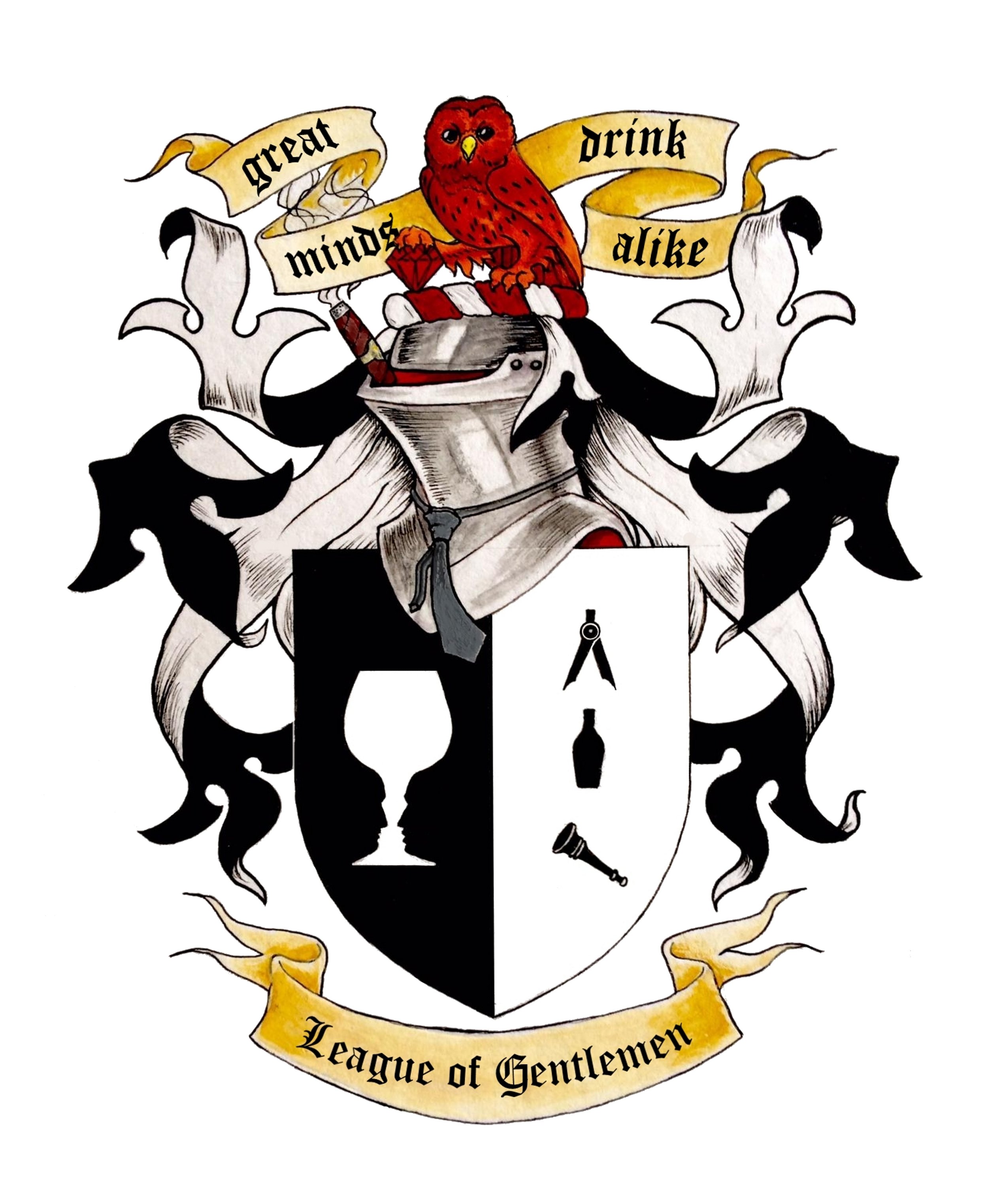 A black and white heraldic shield with a red owl perched on top, holding a red heart, and a yellow scroll with the words "great minds drink like" above the owl. A white banner below the shield says "League of Gentlemen." The shield has a letter 'A' and a small bell or clapper symbol.