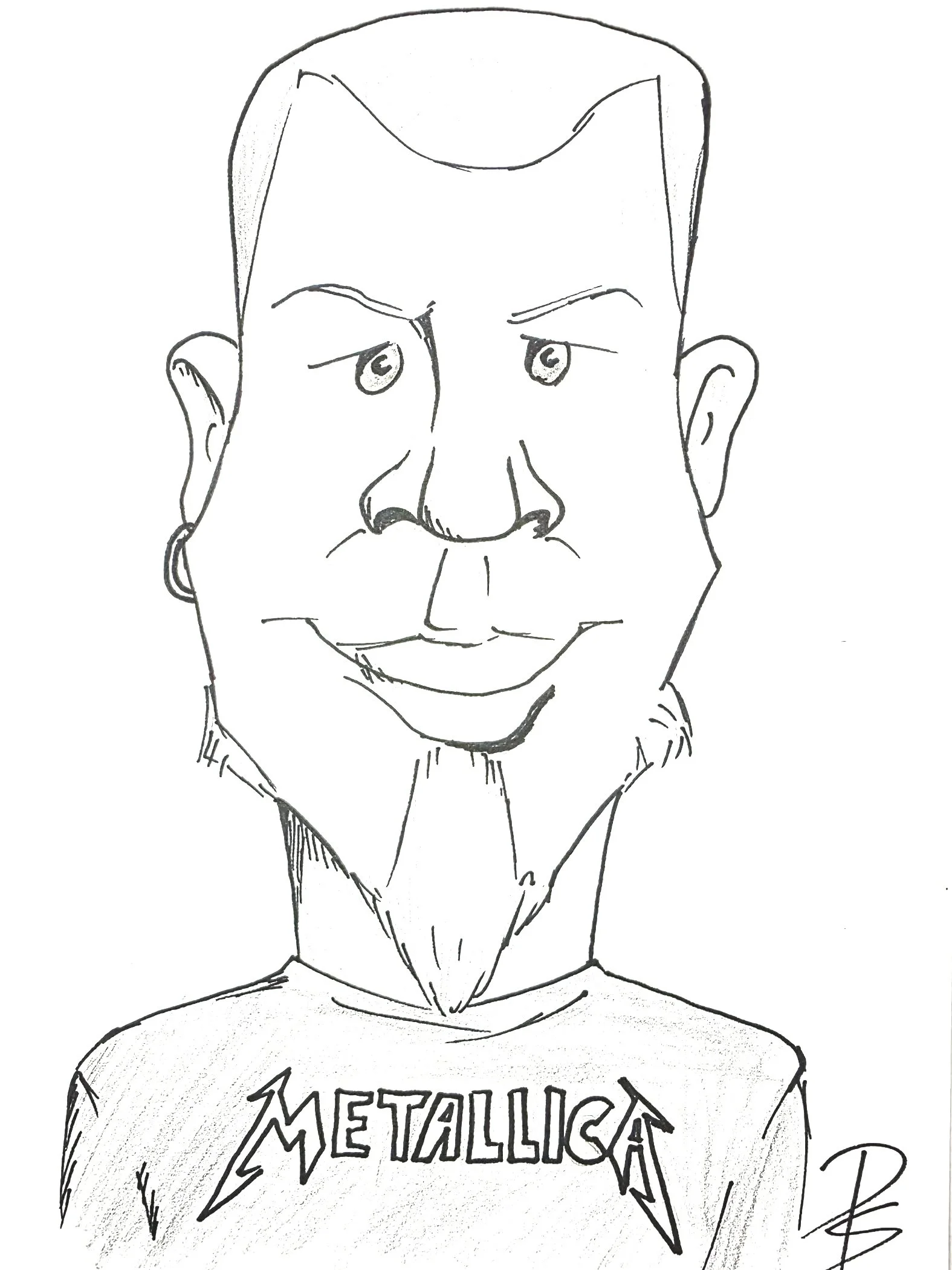 A black and white sketch of a person with short hair, an earring, and a lipstick, wearing a t-shirt with "Metallica" written on it, drawn in a minimalistic style.