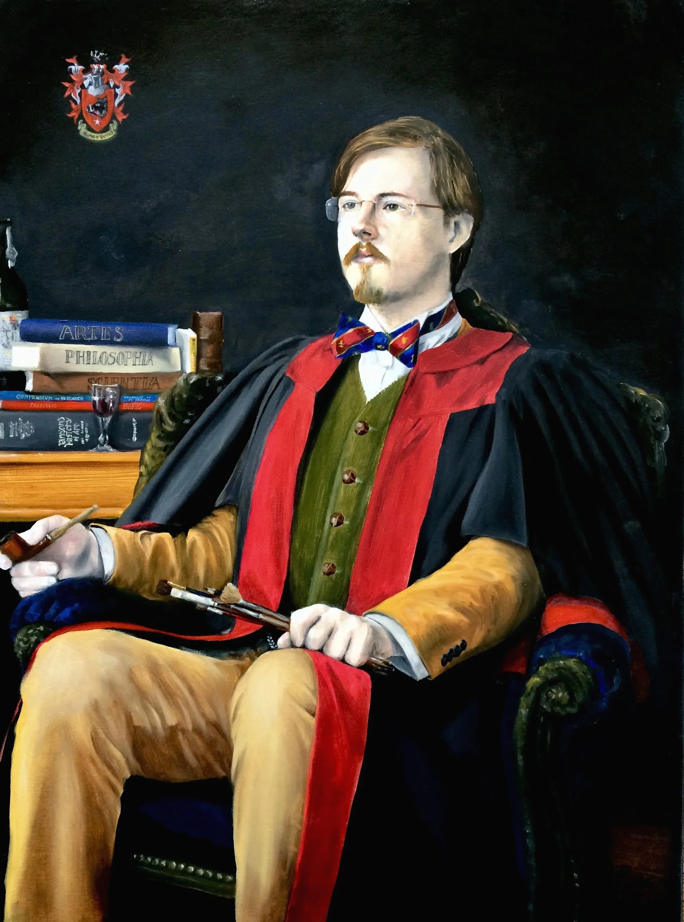 A digitally painted portrait of a man with light skin, brown hair, glasses, and a beard, dressed in a colorful, historical academic gown with a red trim and a blue bow tie with red patterns. He is seated with a background of dark green and black, a crest in the top left corner, and a stack of books on a wooden surface behind him, with titles on subjects like art, philosophy, and science.