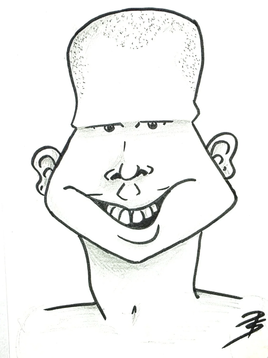 A black and white cartoon drawing of a smiling man with short hair, large ears, missing teeth, and a broad face, looking directly at the viewer.