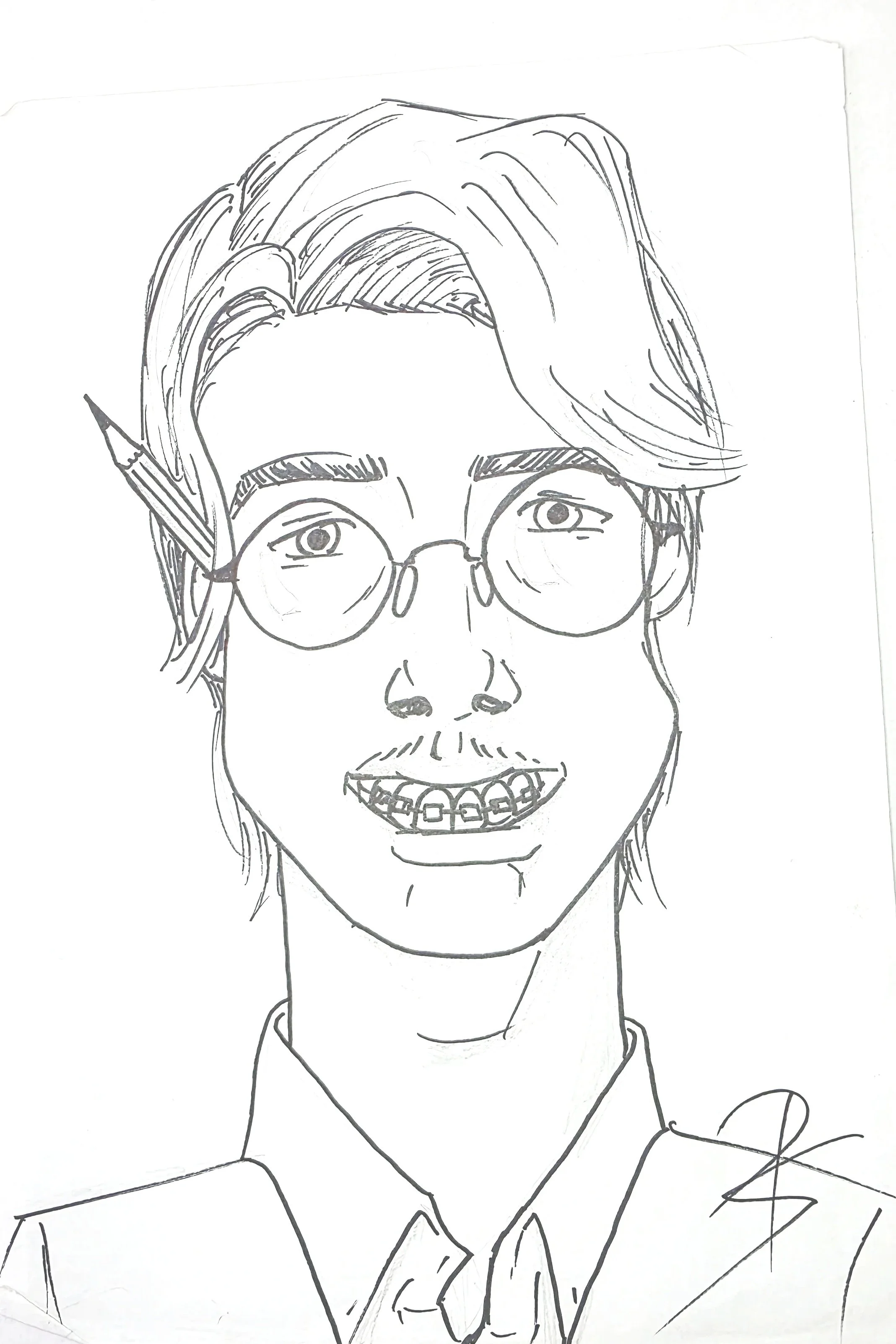 Black and white line drawing of a young man with glasses, styled hair, a mustache, and a beard, wearing a collared shirt and a blazer.