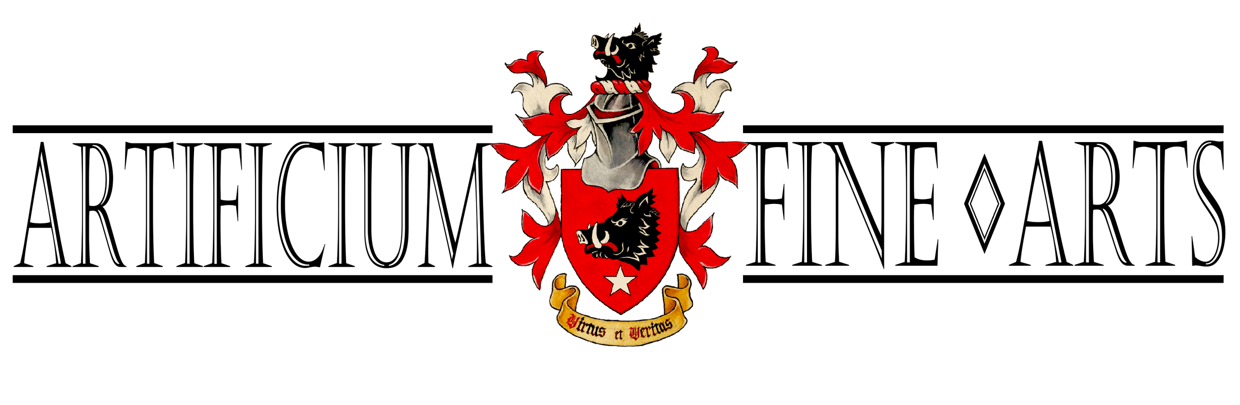 A coat of arms with a black and white wolf's head above a red shield featuring a black wolf's head and a white star, surrounded by red and white heraldic mantling, with a banner below reading 'By Virtus et Veritas'.