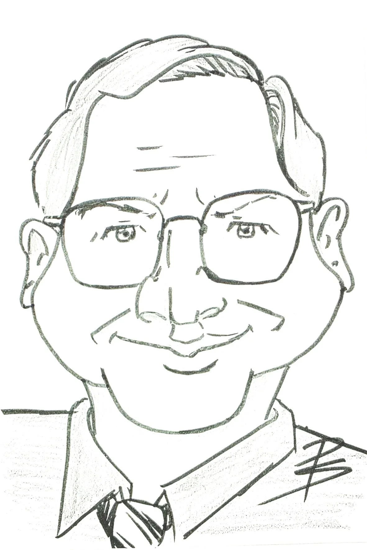 Hand-drawn black and white portrait of a middle-aged man with glasses, short hair, a mustache, wearing a shirt and tie.
