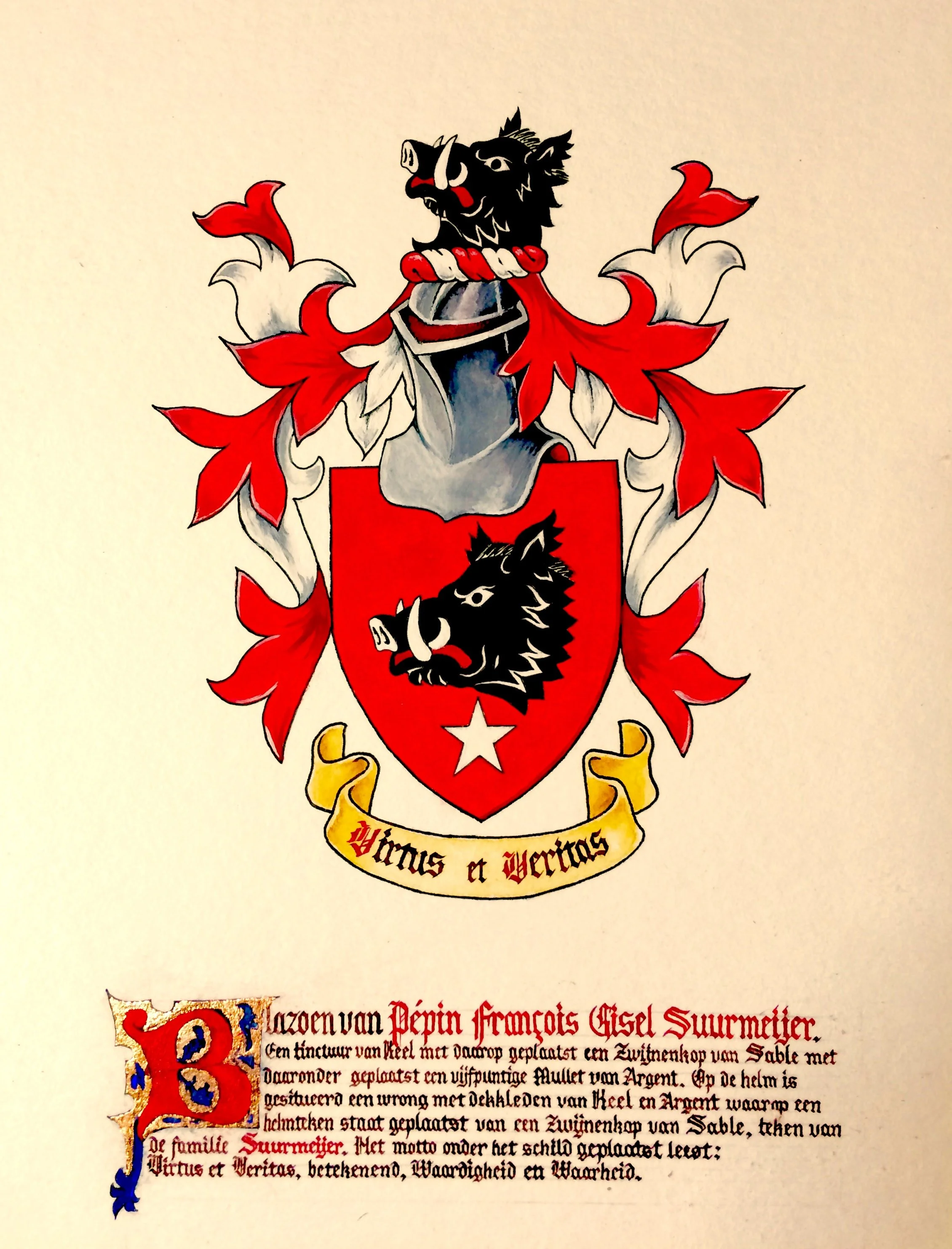 A coat of arms featuring a black wolf's head on a red shield, surrounded by red and white leaves with a yellow banner beneath that reads 'Virtus et Veritas'.