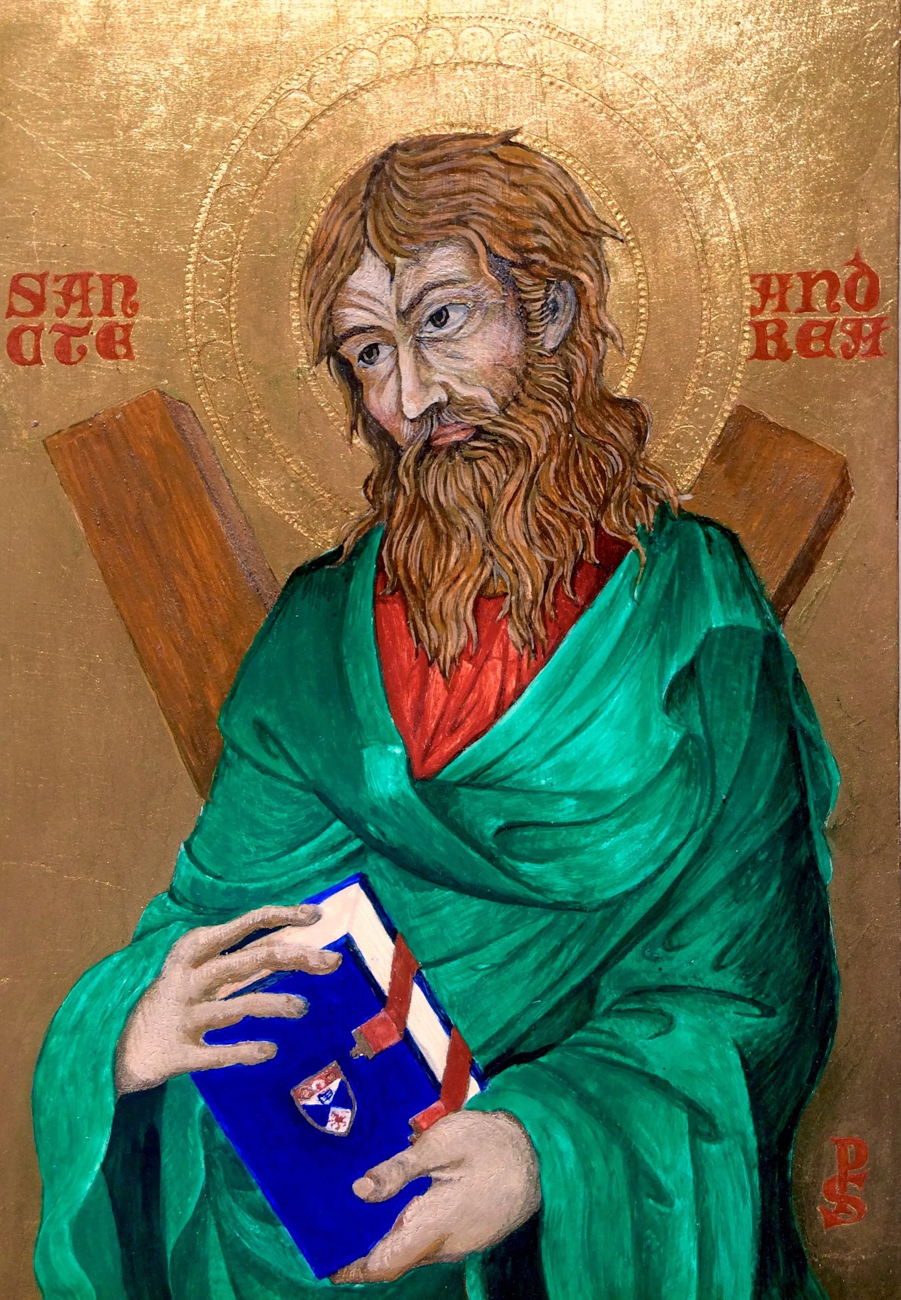 Painting of Jesus Christ with long brown hair and beard, wearing a green robe. He holds a blue book with a shield emblem on the cover. The background is gold with a halo around his head, and red text on either side reading 'San Dato' and 'Ando Rest'.