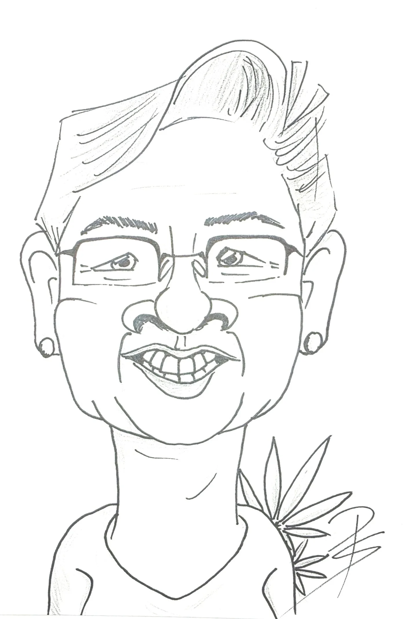 Sketch of a person with glasses, short hair, earrings, a big smile, and a tank top, with leaves in the background.