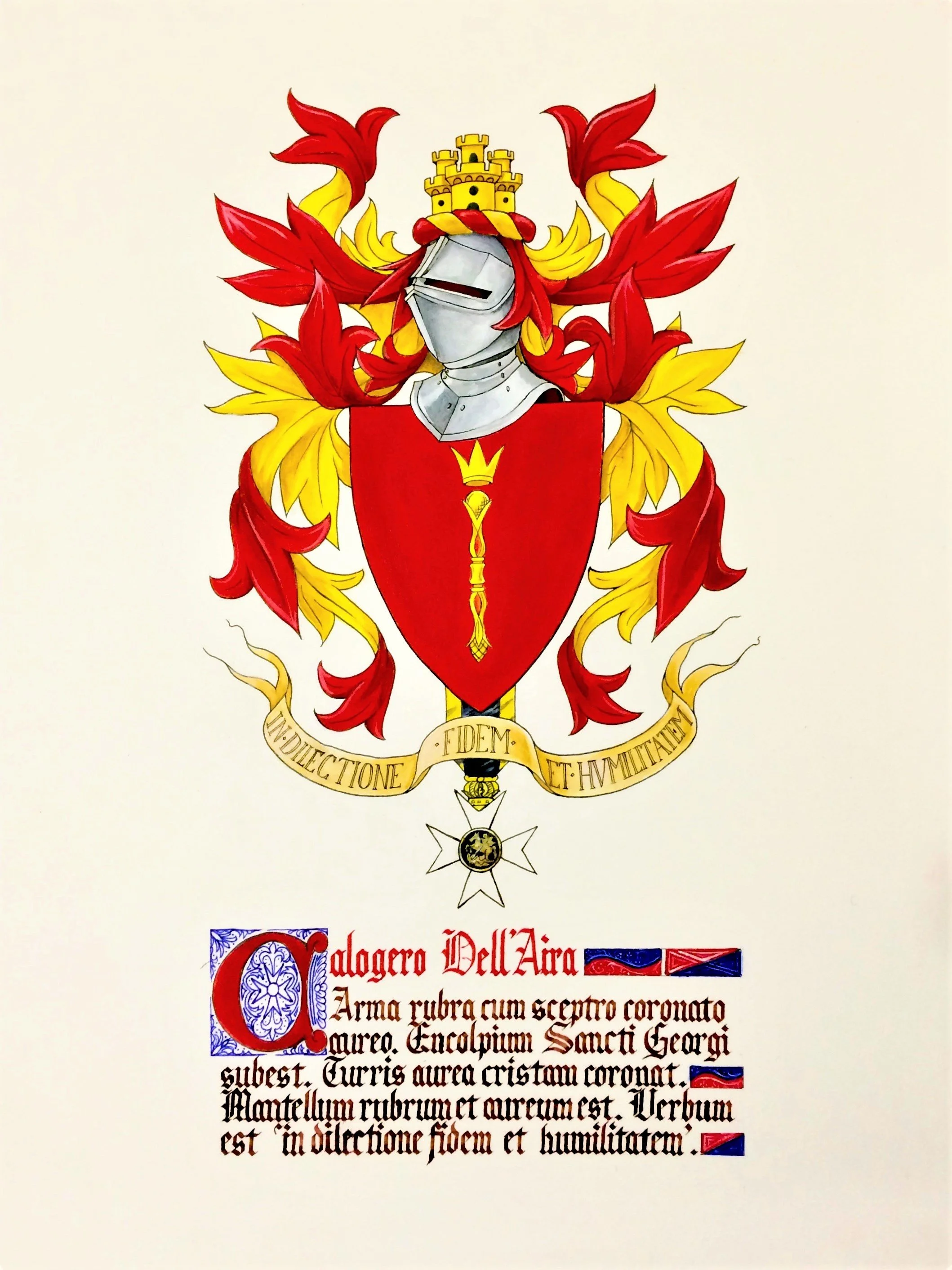 A heraldic coat of arms featuring a knight's helmet, a red shield, a golden scepter, and a detailed crest, surrounded by red and yellow leaves, with Latin inscriptions and decorative borders.
