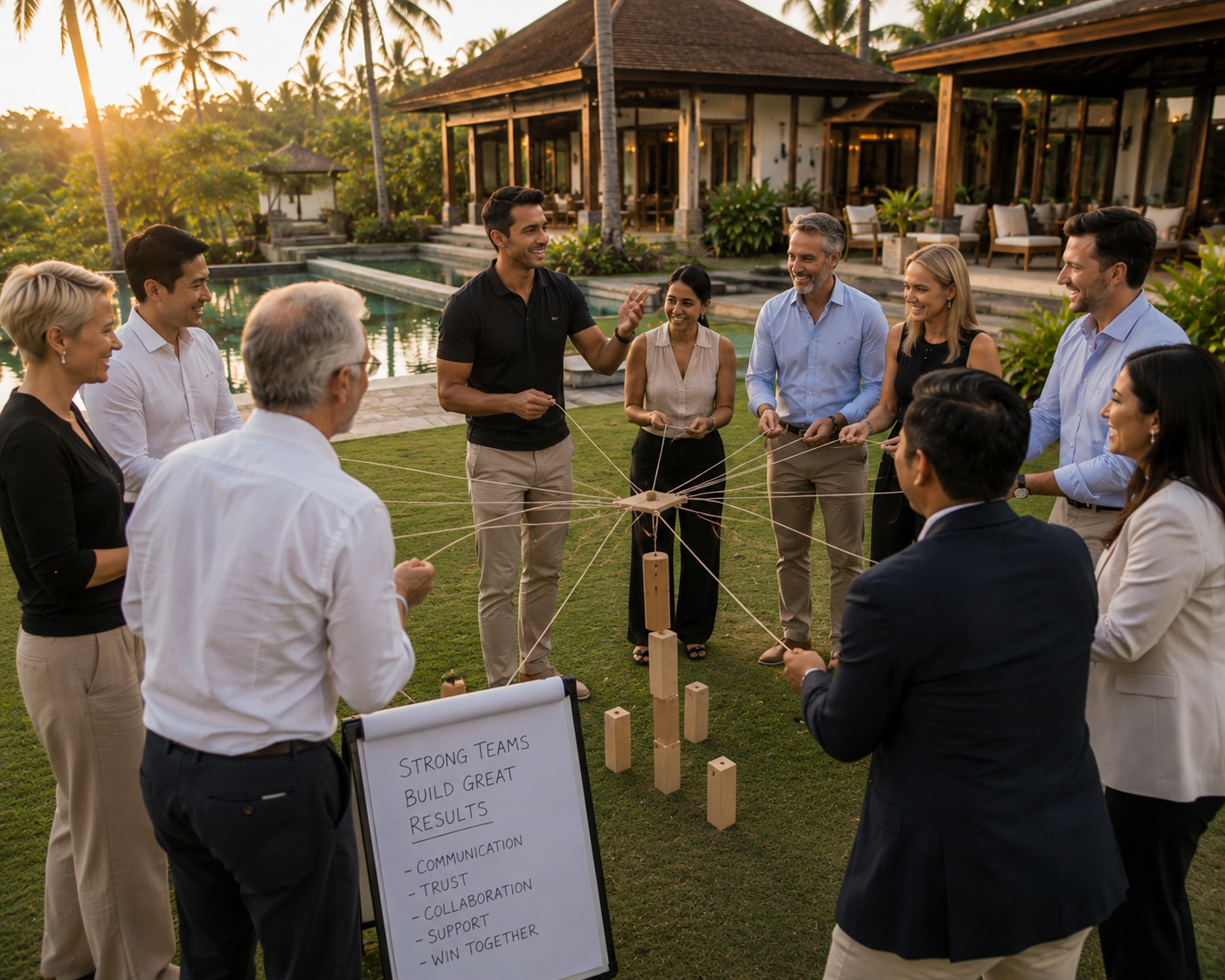Group of diverse people participating in team-building activity outdoors in a tropical setting, standing in a circle with a wooden block and string, with a whiteboard nearby listing teamwork values, and a luxurious house with palm trees in the background at sunset.