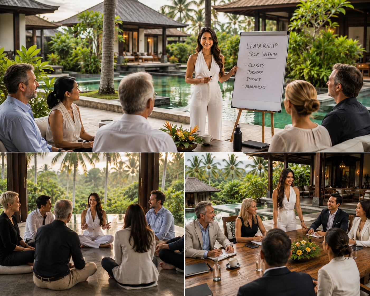 A woman gives a presentation about leadership to three different groups in outdoor and semi-indoor settings, using a whiteboard with bullet points.