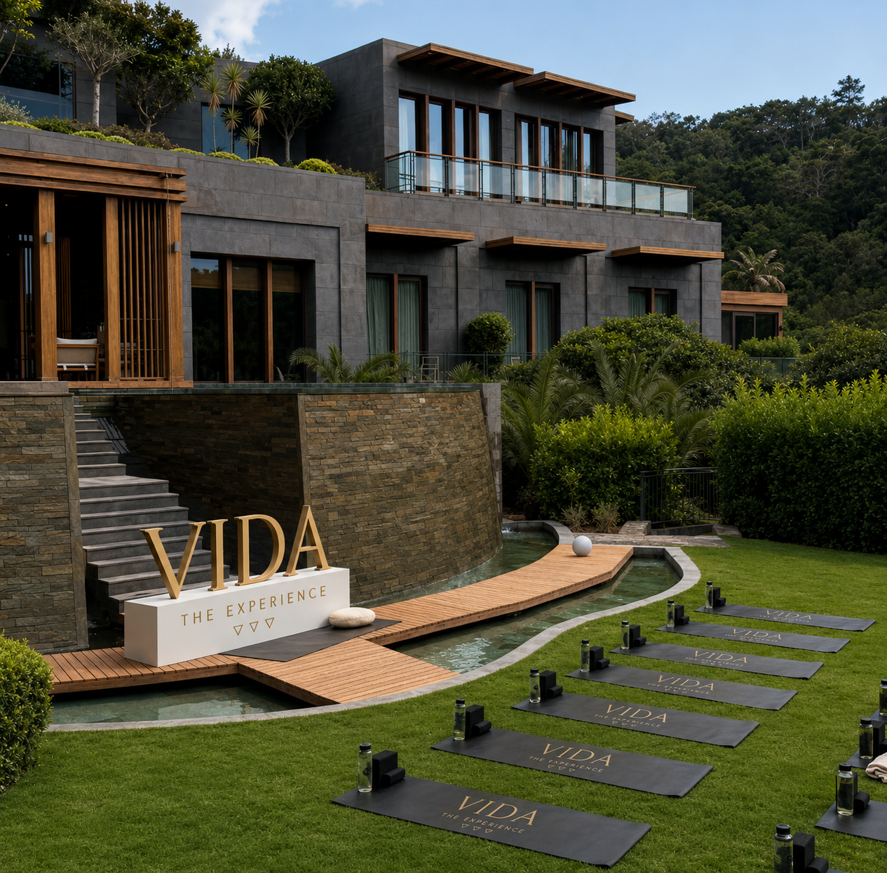 Luxury modern house with an outdoor yoga setup, including yoga mats and water bottles on a grassy yard, in front of a multi-level building with large windows, garden, and scenic hillside background.