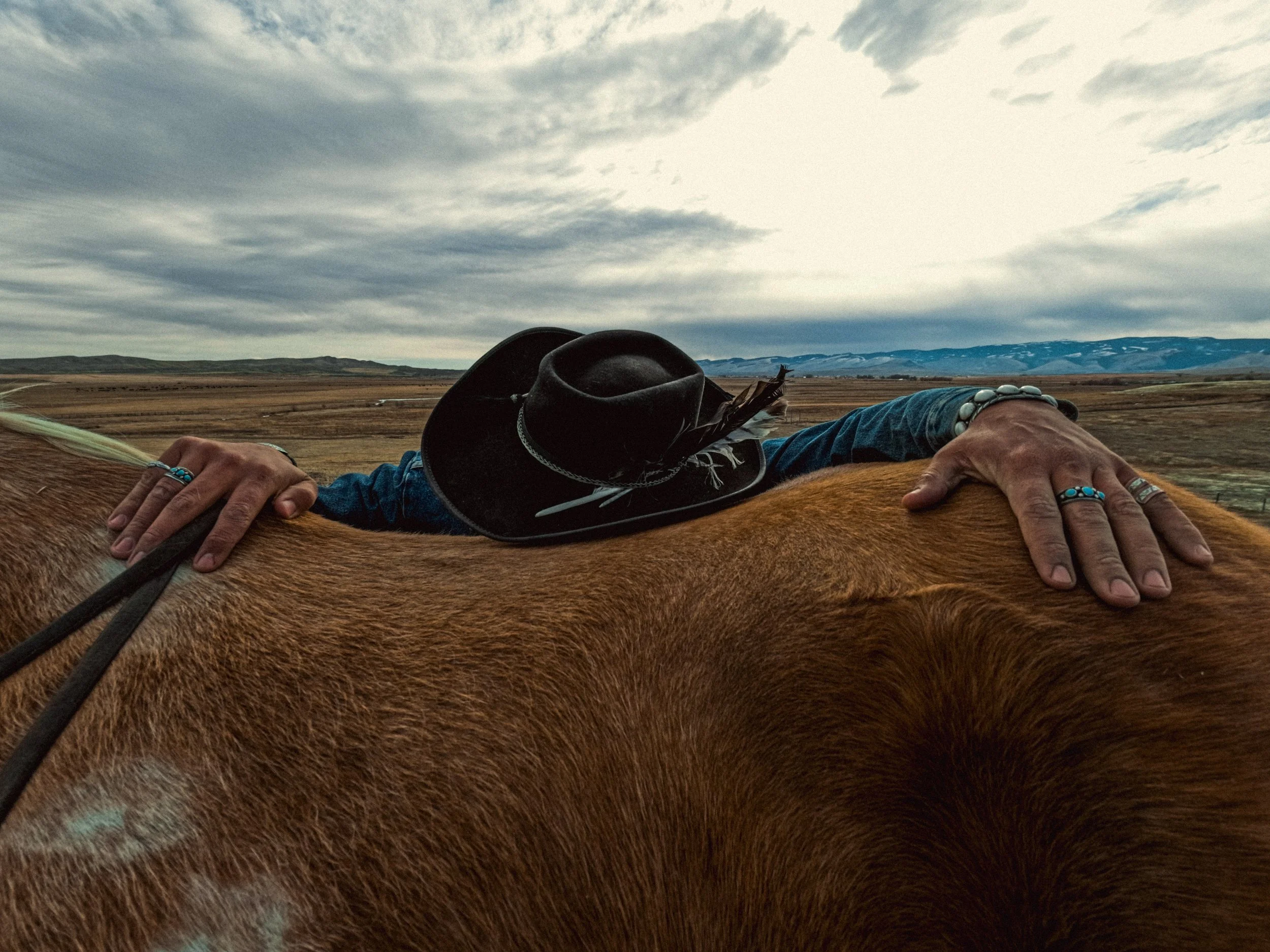 Person lying down on a horse, holding the horse's horse, in an open landscape with a cloudy sky, mountains in the distance, and rural land.